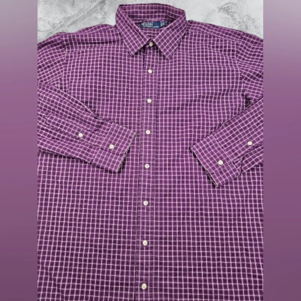 Polo by Ralph Lauren Men's 2XL Big Purple Checkered Button Up Dress Shirt‎